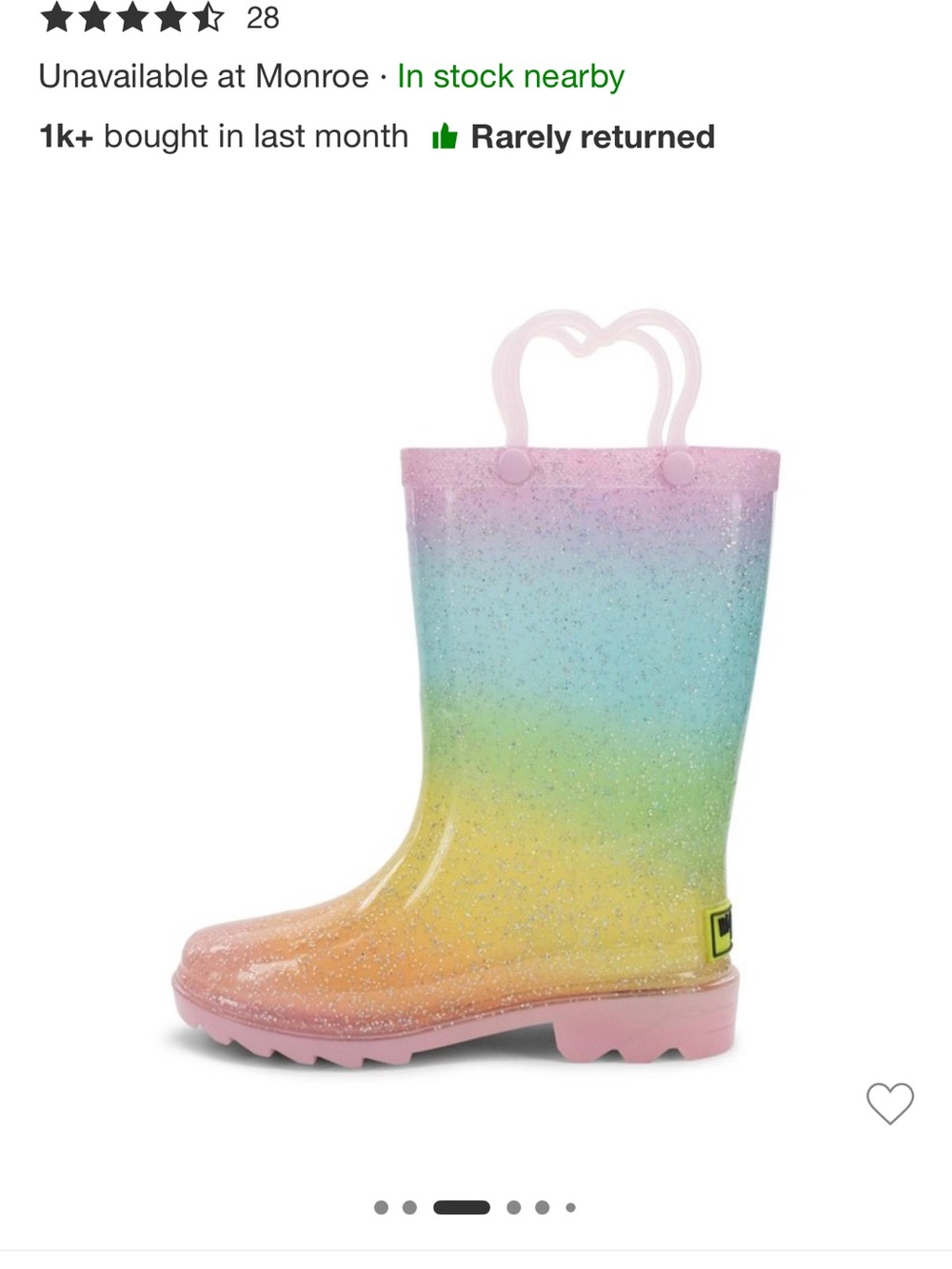 Kids Glitter Rainbow Rain Boots with Heart Handles - Pink light up